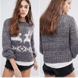 Free People Grey Dancer & Prancer Reindeer Chunky Knit Pullover Jumper Sweater